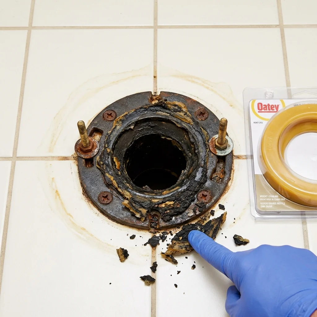 Failed wax ring showing water seepage at the base of a toilet in a Sturgis, SD home